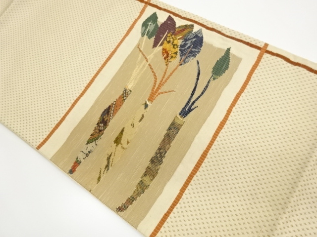 JAPANESE FUKURO OBI / TSUMUGI / WOVEN ABSTRACT VEGETABLE / ARTIST WORK